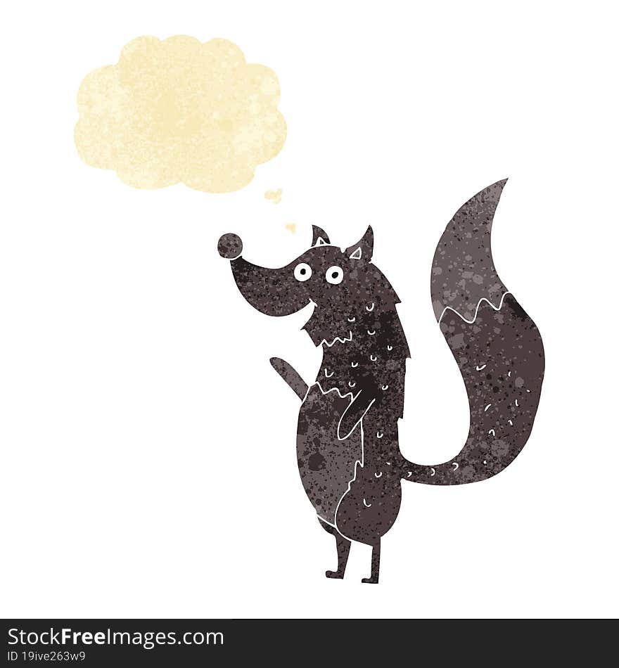 cartoon waving wolf with thought bubble