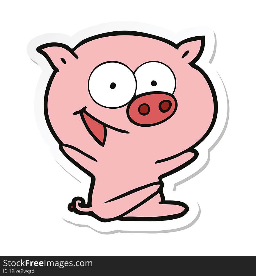 sticker of a cheerful sitting pig cartoon