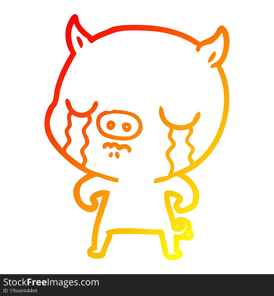 warm gradient line drawing of a cartoon pig crying