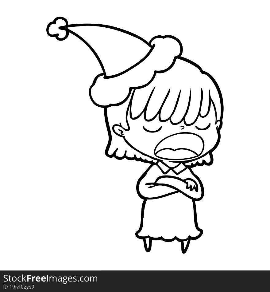 line drawing of a woman talking loudly wearing santa hat