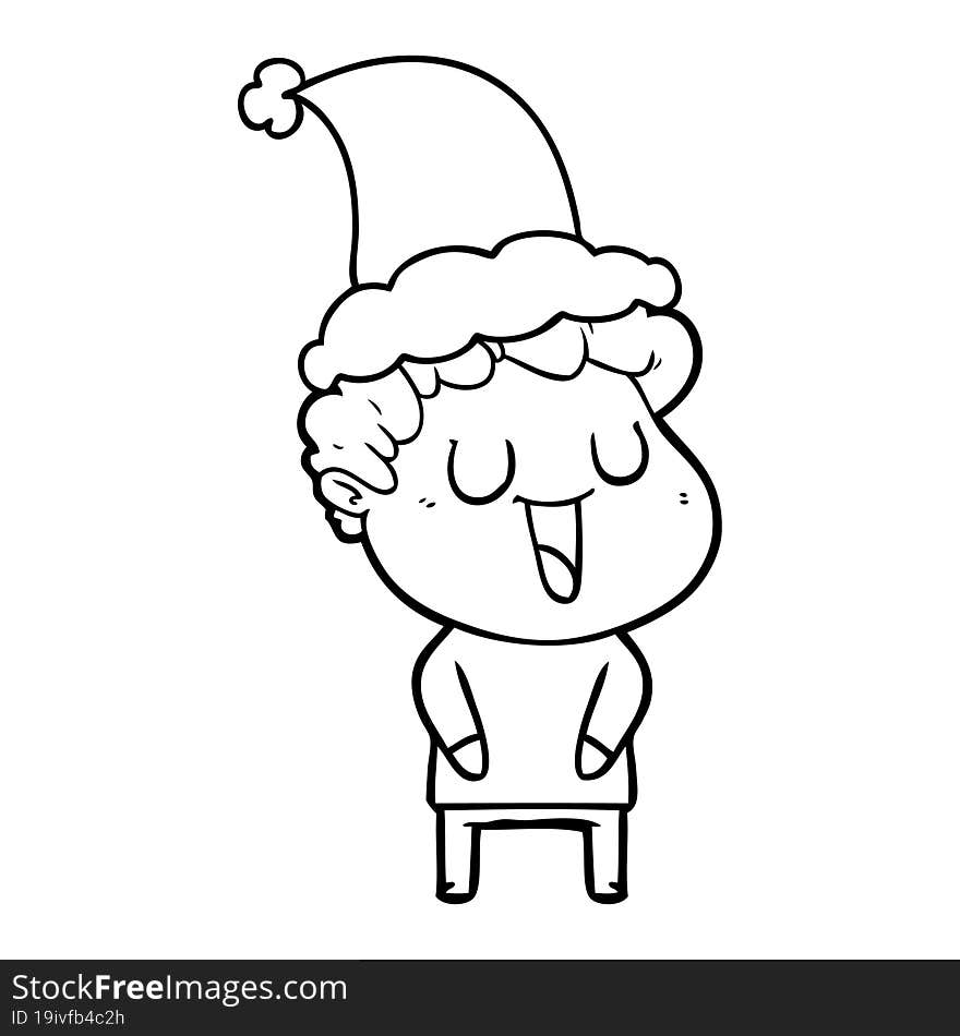 laughing line drawing of a man wearing santa hat