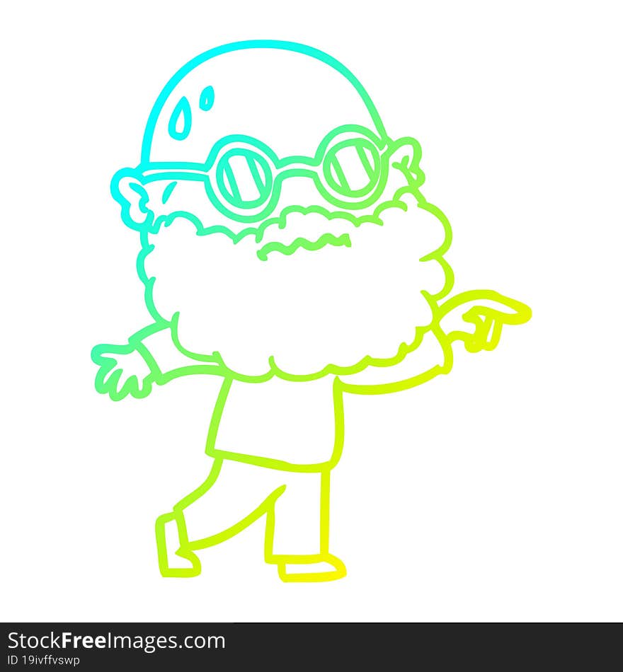 Cold Gradient Line Drawing Cartoon Worried Man With Beard And Spectacles Pointing Finger