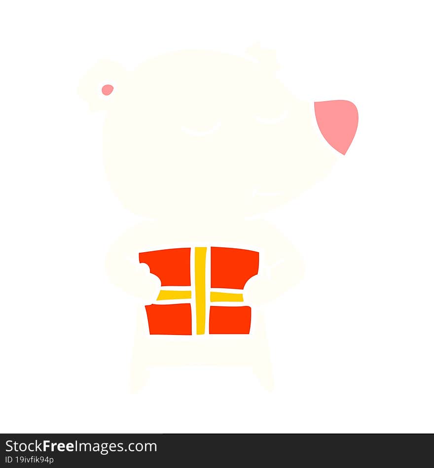 happy flat color style cartoon polar bear with present