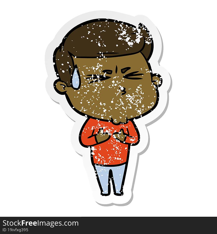 distressed sticker of a cartoon man sweating