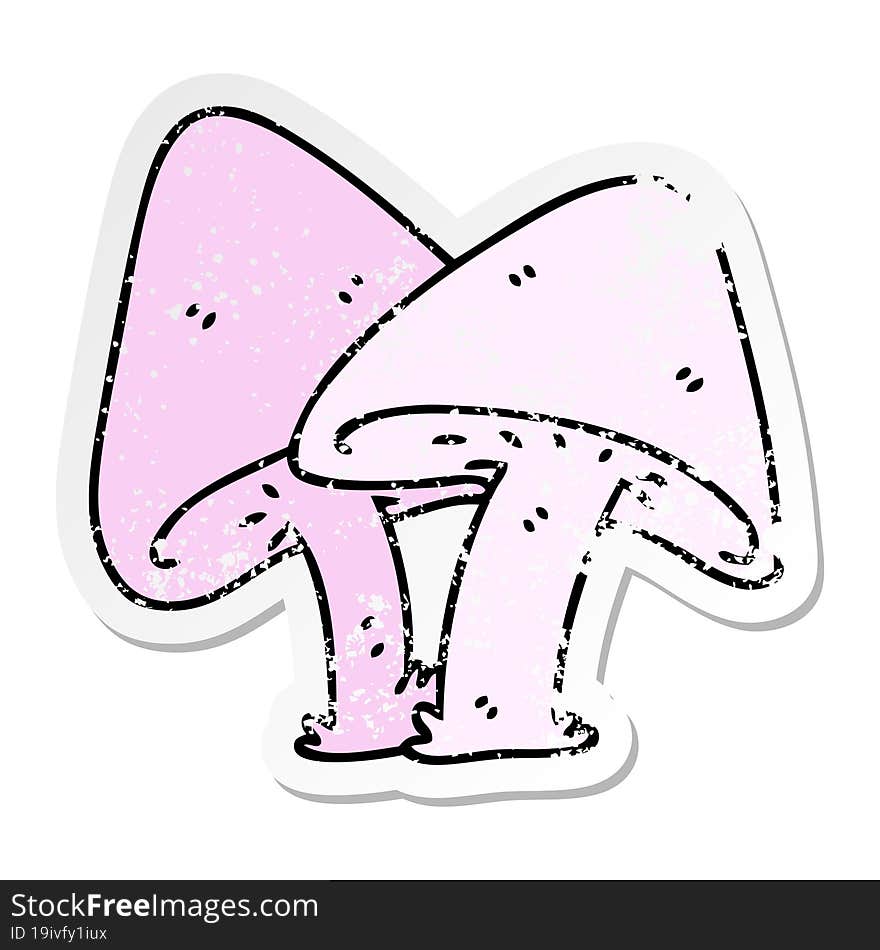 distressed sticker of a quirky hand drawn cartoon mushrooms