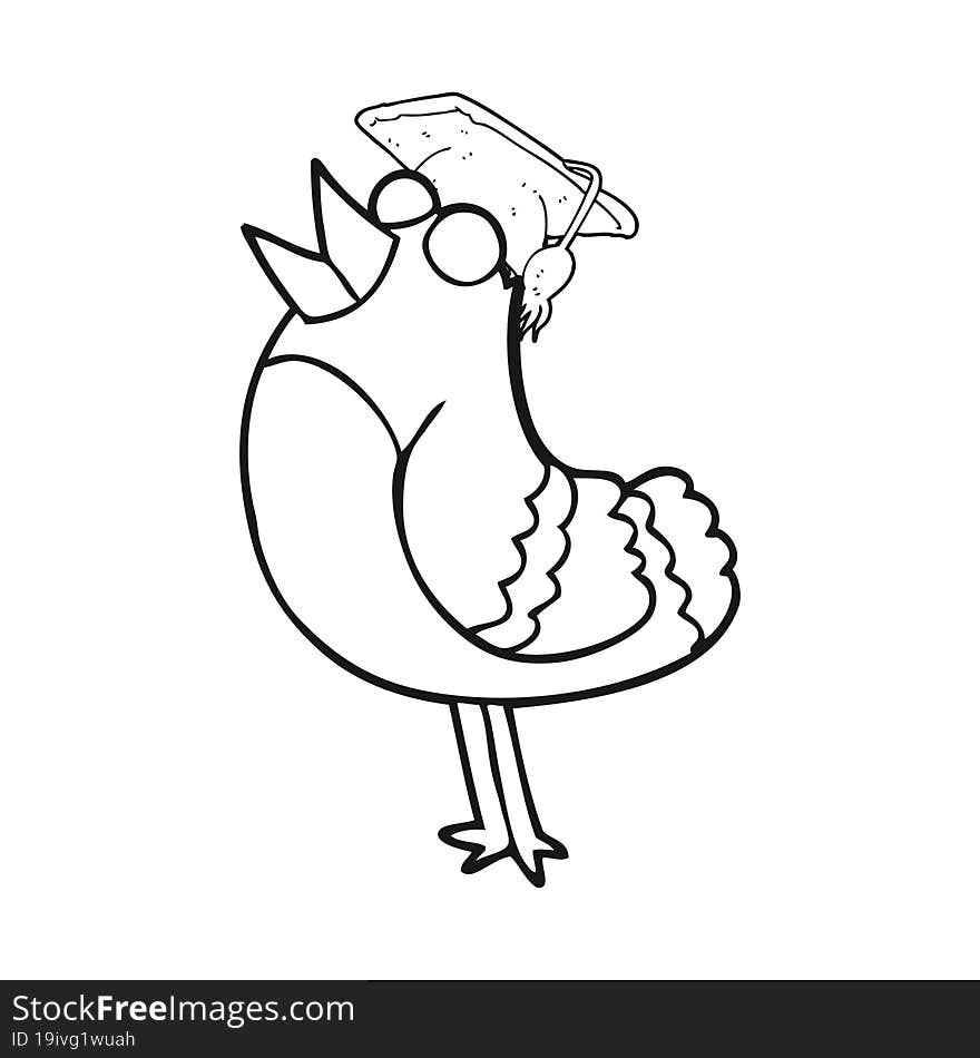 freehand drawn black and white cartoon bird wearing graduation cap