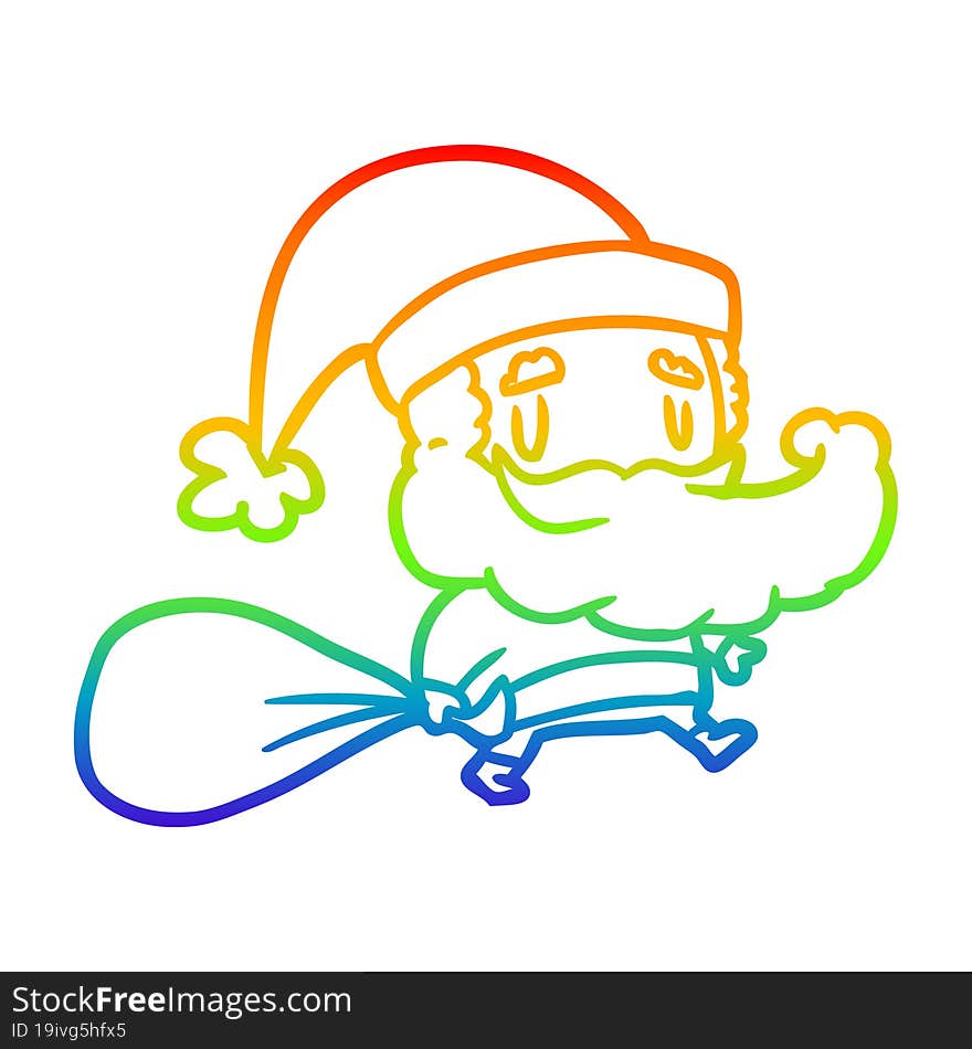 rainbow gradient line drawing santa claus carrying sack of presents