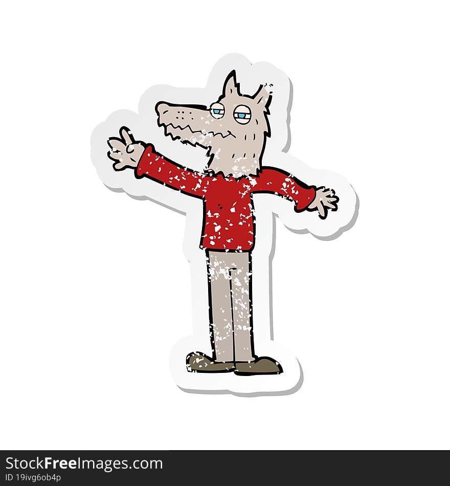 retro distressed sticker of a cartoon waving wolf