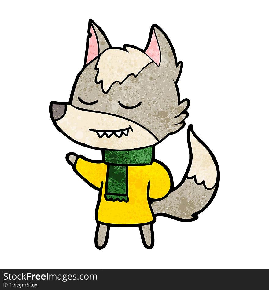 friendly cartoon wolf wearing scarf. friendly cartoon wolf wearing scarf