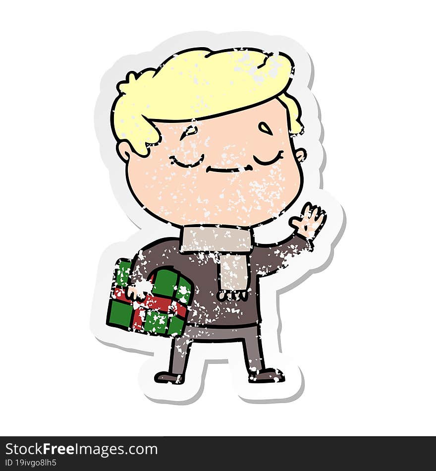 distressed sticker of a cartoon man carrying christmas present waving