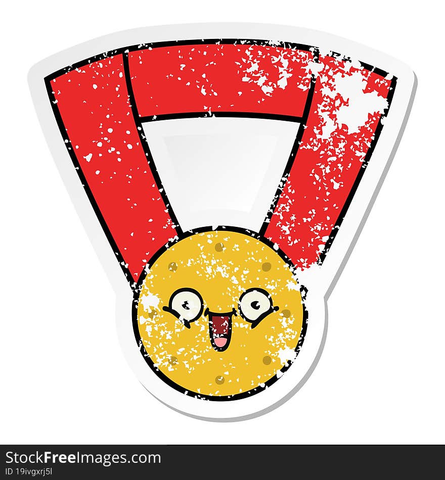 distressed sticker of a cute cartoon gold medal