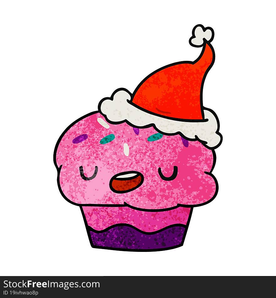 hand drawn christmas textured cartoon of kawaii cupcake