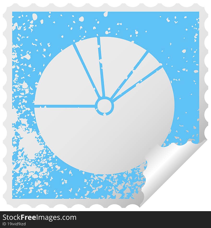 distressed square peeling sticker symbol of a pie chart