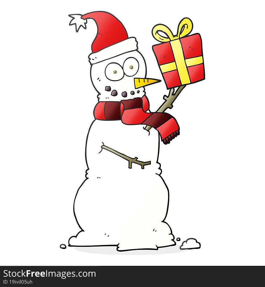 freehand drawn cartoon snowman holding present