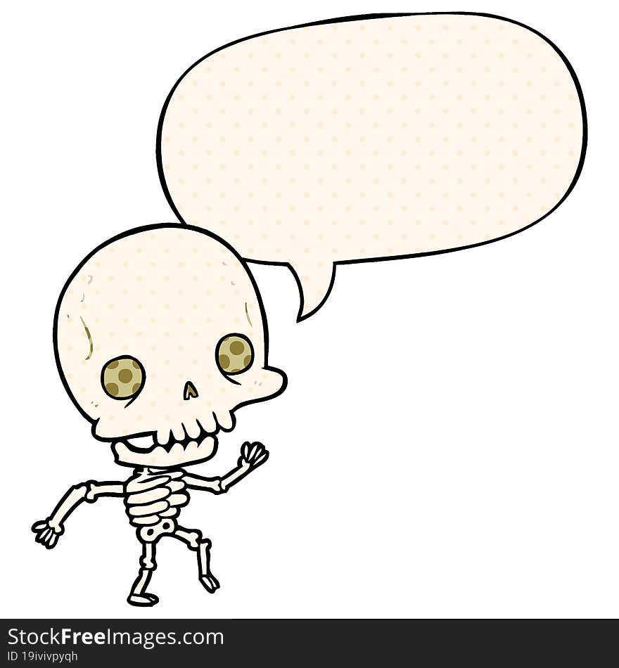 cute cartoon dancing skeleton with speech bubble in comic book style