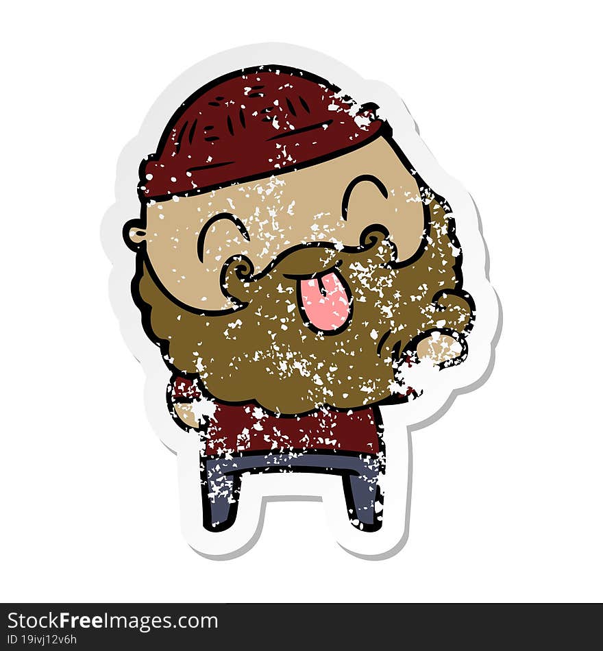 distressed sticker of a man with beard sticking out tongue