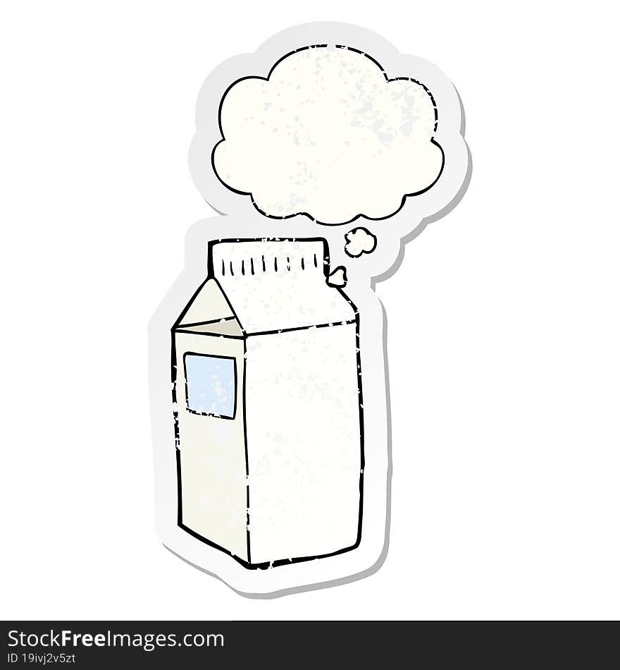 cartoon milk carton with thought bubble as a distressed worn sticker