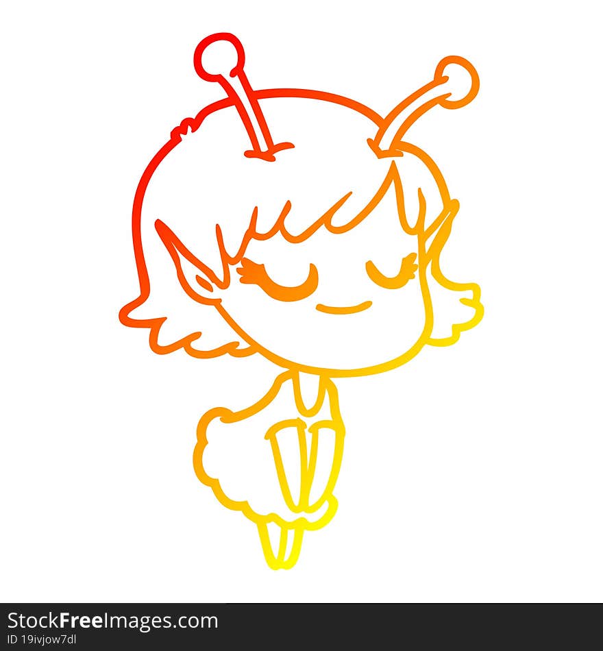 Warm Gradient Line Drawing Smiling Alien Girl Cartoon