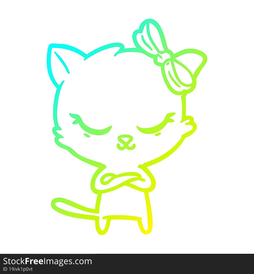 cold gradient line drawing of a cute cartoon cat with bow