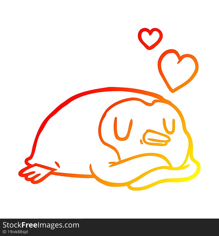 warm gradient line drawing of a penguin with love hearts