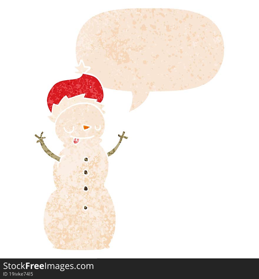 Cartoon Christmas Snowman And Speech Bubble In Retro Textured Style