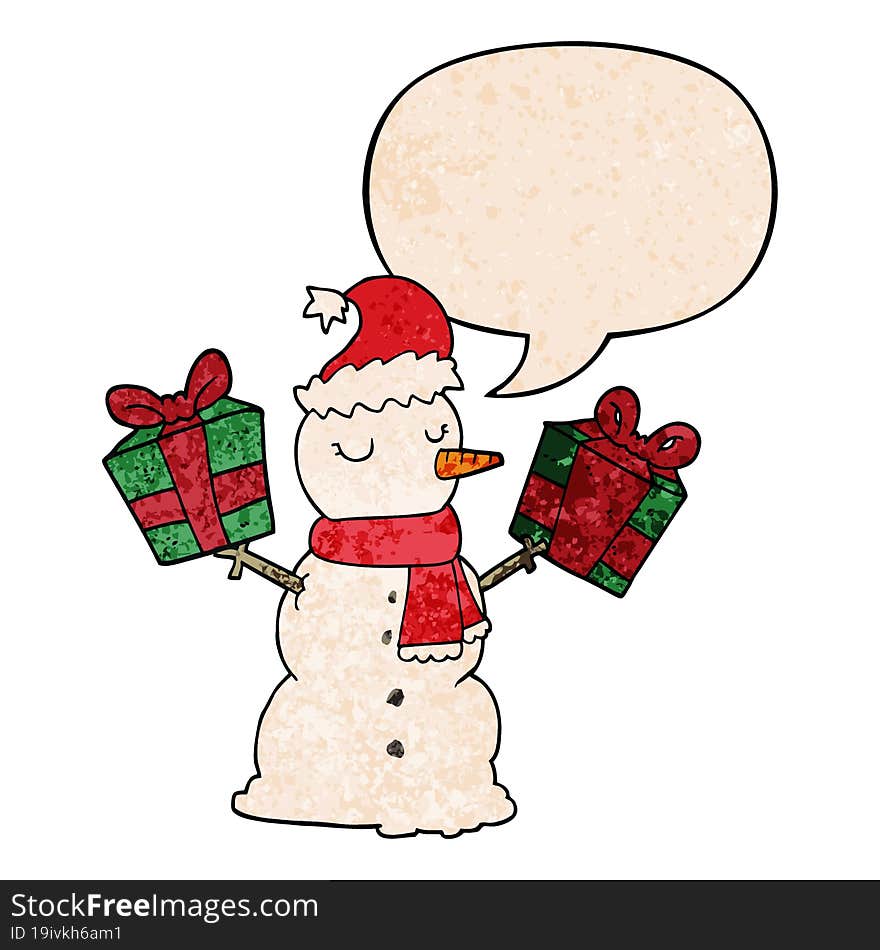 cartoon snowman and speech bubble in retro texture style