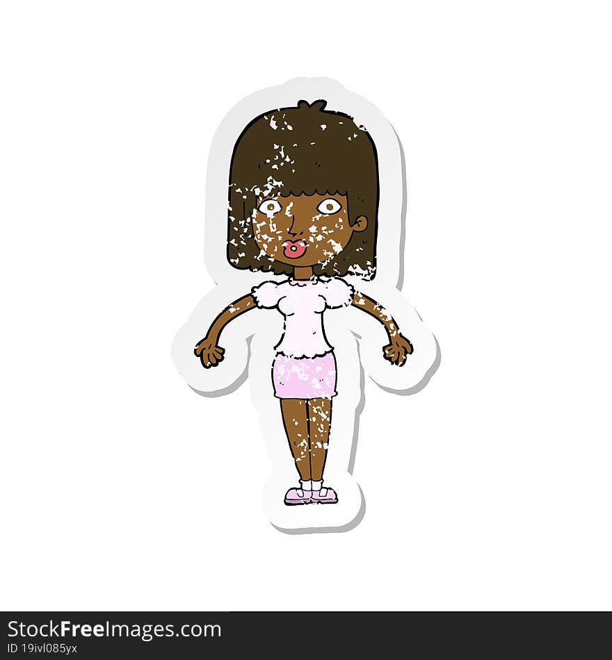 retro distressed sticker of a cartoon woman shrugging shoulders