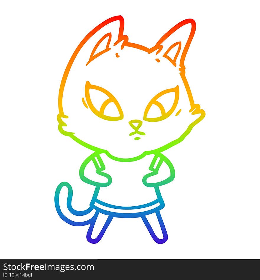 rainbow gradient line drawing confused cartoon cat in clothes