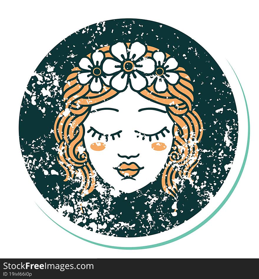 distressed sticker tattoo style icon of female face with eyes closed