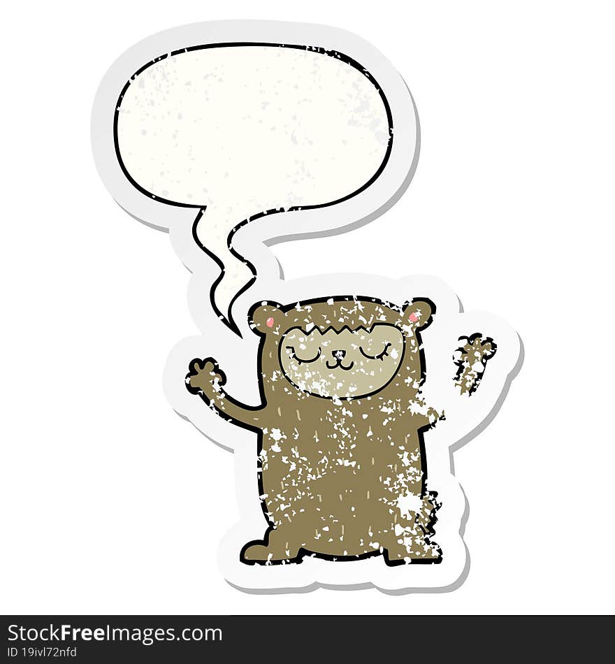 cute cartoon bear with speech bubble distressed distressed old sticker. cute cartoon bear with speech bubble distressed distressed old sticker