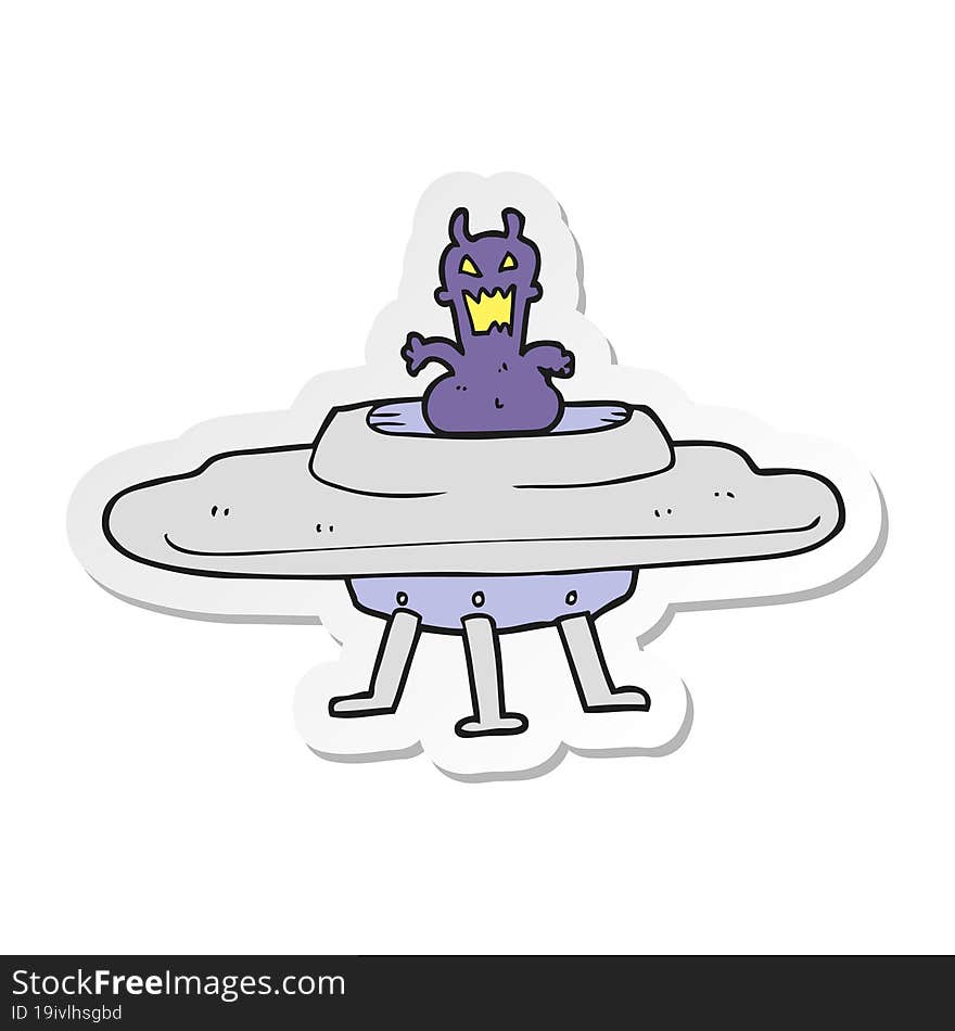 sticker of a cartoon alien in flying saucer