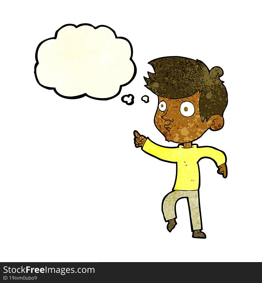 cartoon pointing boy with thought bubble