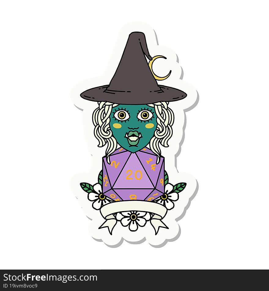 sticker of a half orc witch character with natural 20 dice roll. sticker of a half orc witch character with natural 20 dice roll