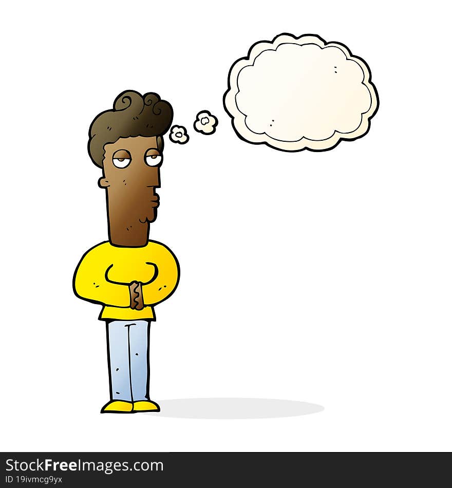 cartoon jaded man with thought bubble