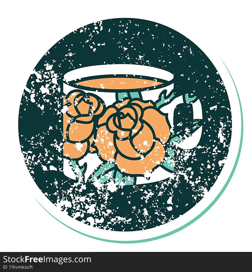 distressed sticker tattoo style icon of a cup and flowers