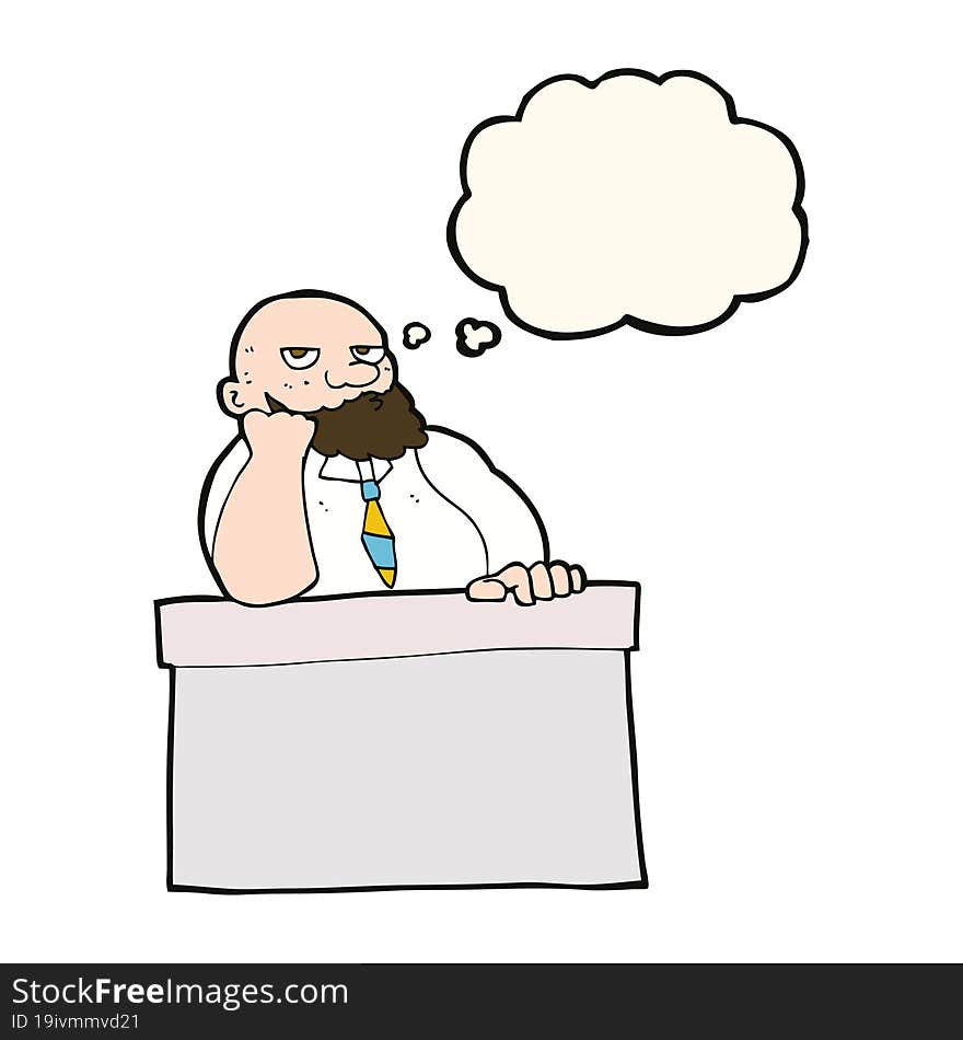 Cartoon Bored Man At Desk With Thought Bubble