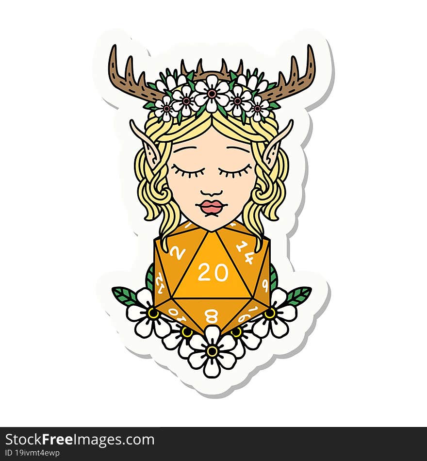 elf druid character with nautral twenty dice roll sticker