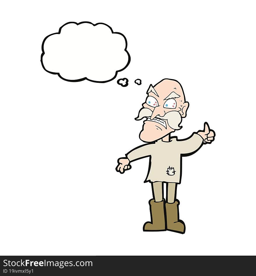 cartoon angry old man in patched clothing with thought bubble