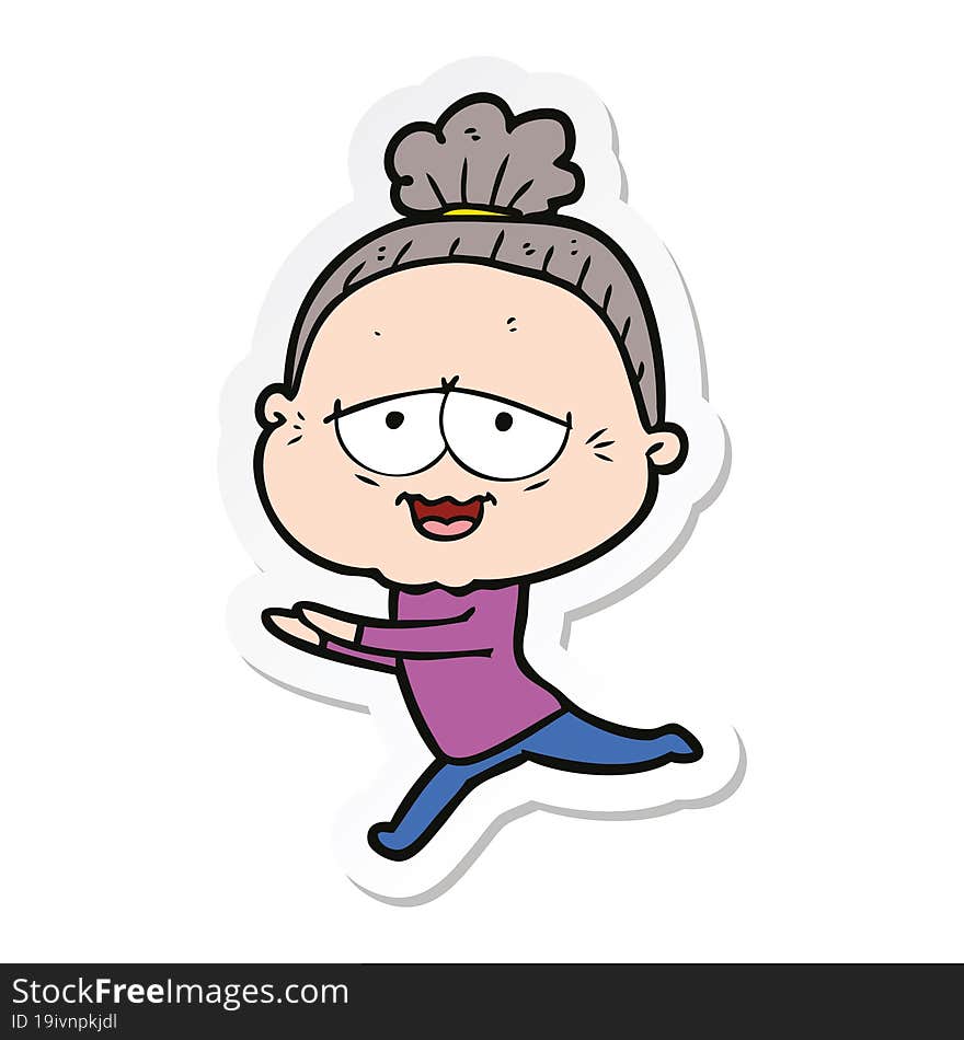 sticker of a cartoon happy old lady