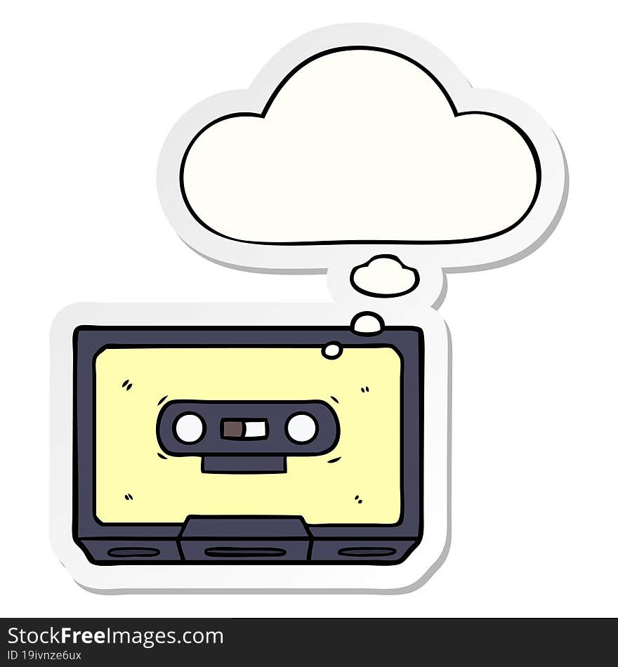 cartoon old cassette tape and thought bubble as a printed sticker