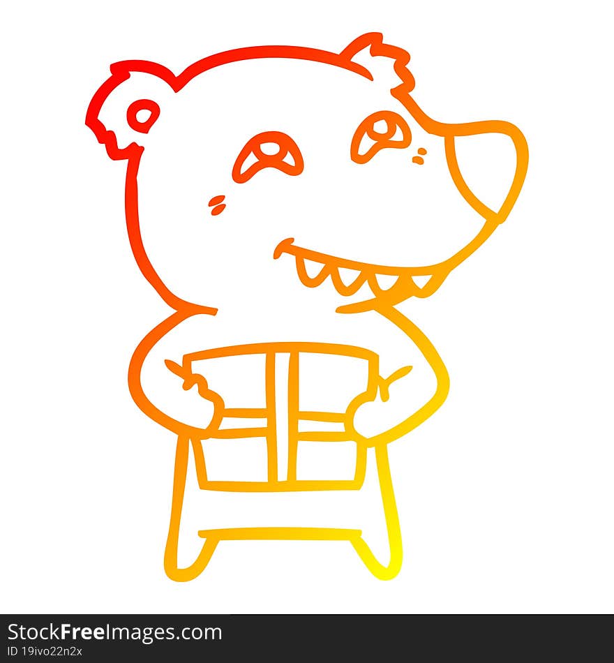 warm gradient line drawing cartoon bear with present