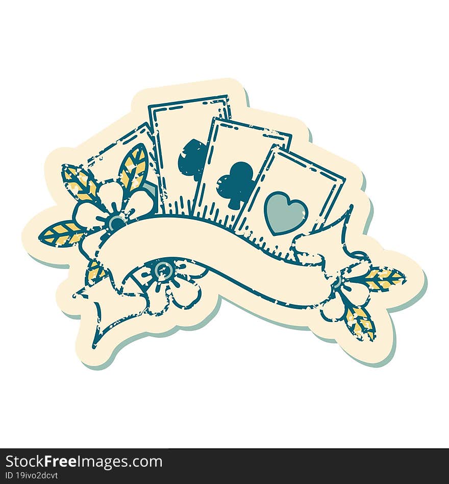 distressed sticker tattoo style icon of cards and banner