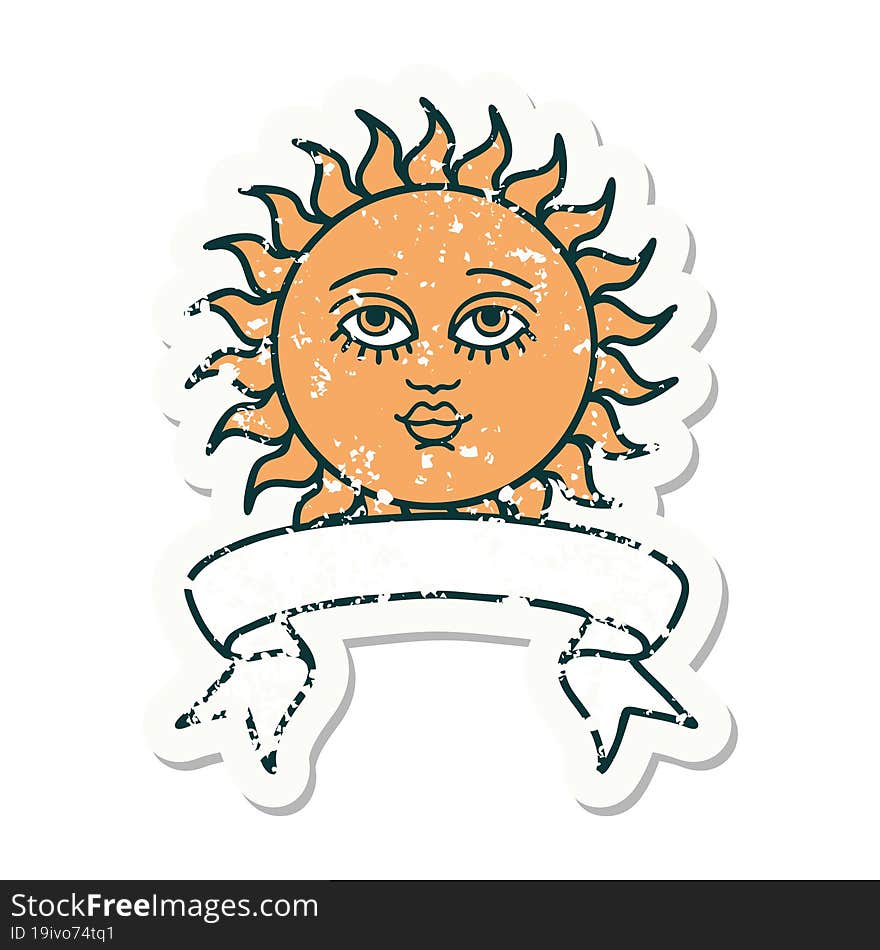 Grunge Sticker With Banner Of A Sun With Face