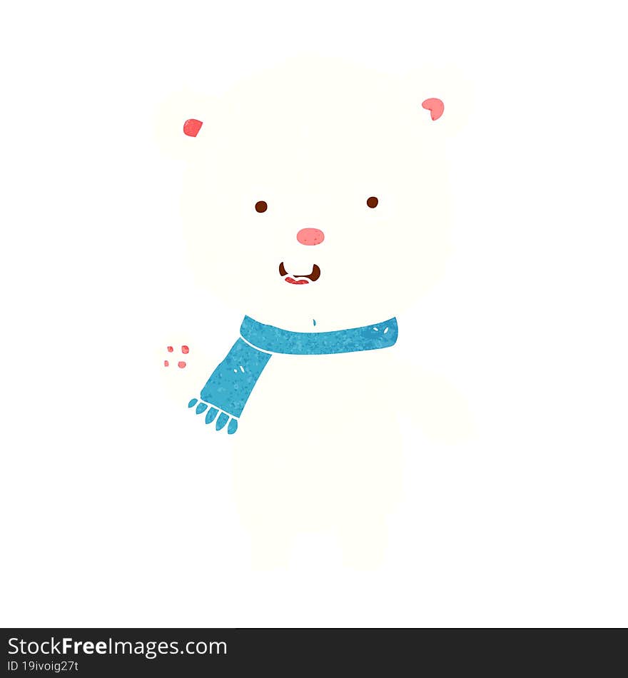 cartoon waving polar bear cub with scarf