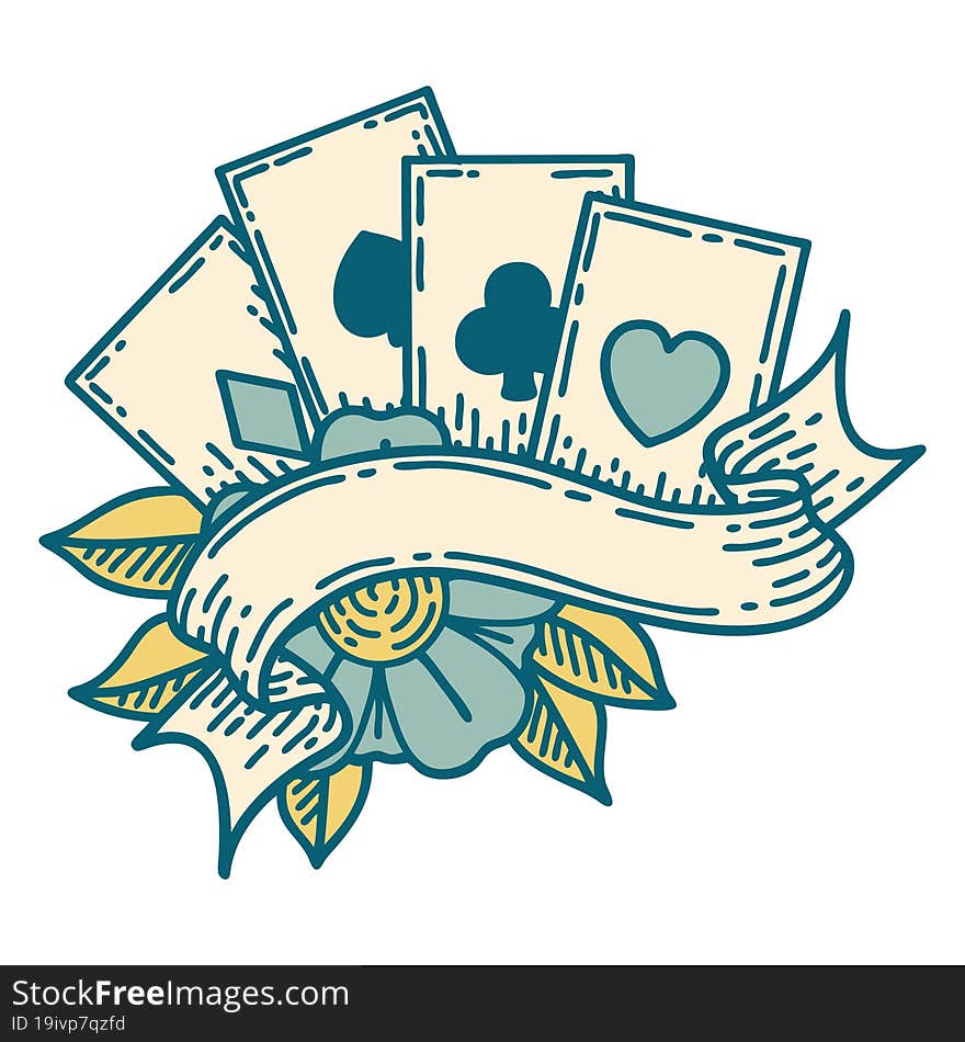 tattoo style icon of cards and banner