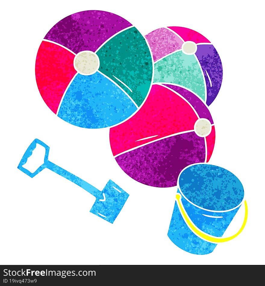 retro cartoon doodle beach balls with a bucket and spade