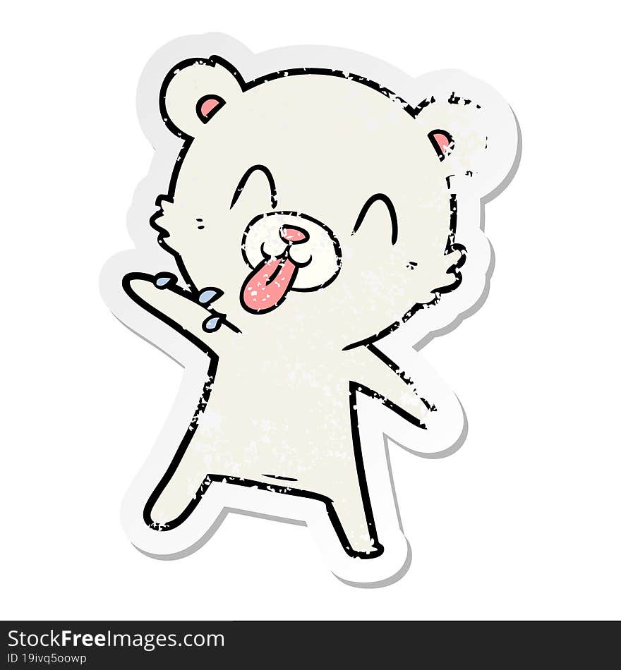 distressed sticker of a rude cartoon polar bear sticking out tongue