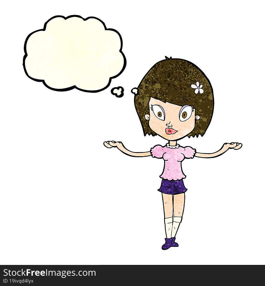 cartoon woman making balancing gesture with thought bubble