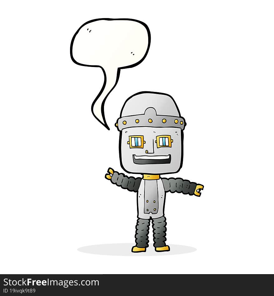 cartoon waving robot with speech bubble