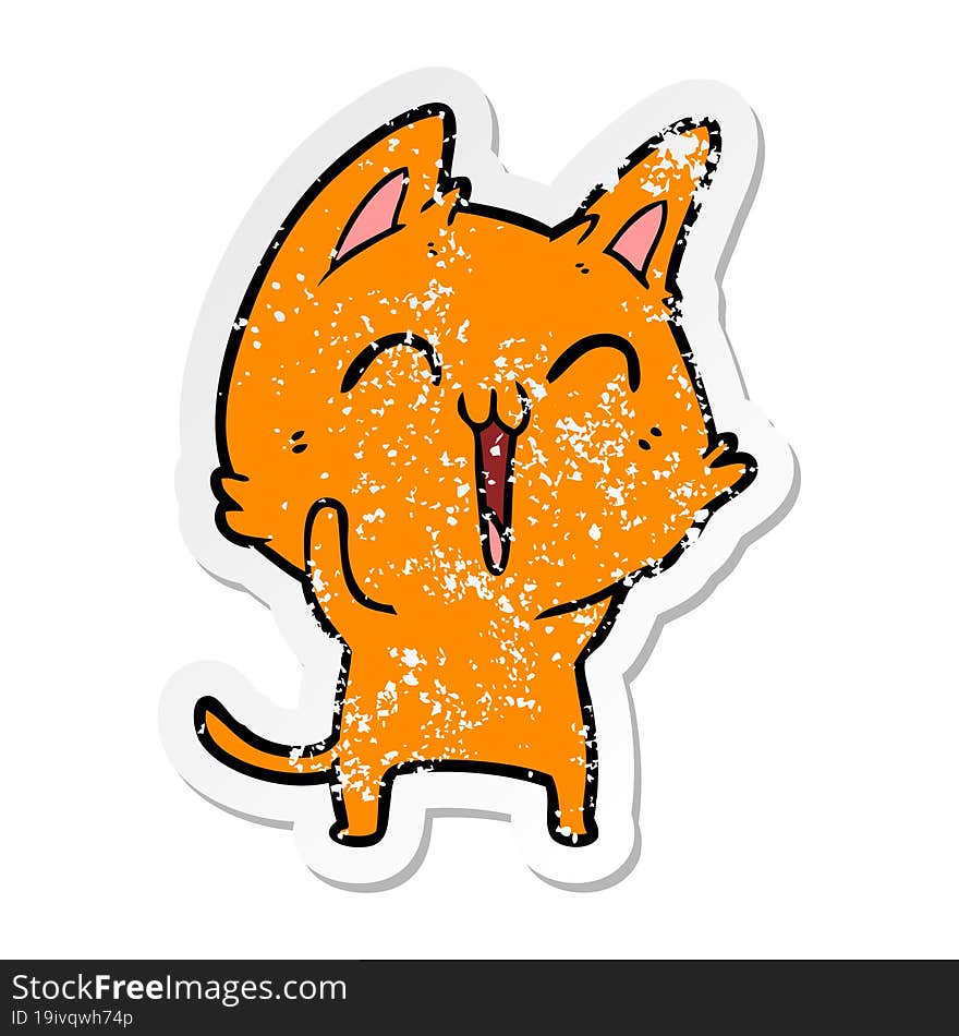 distressed sticker of a happy cartoon cat